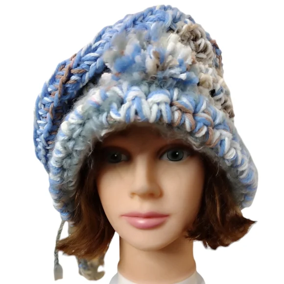 Slouchy beret bohemian blue bead hand-knit hat - Picture 3 of 11